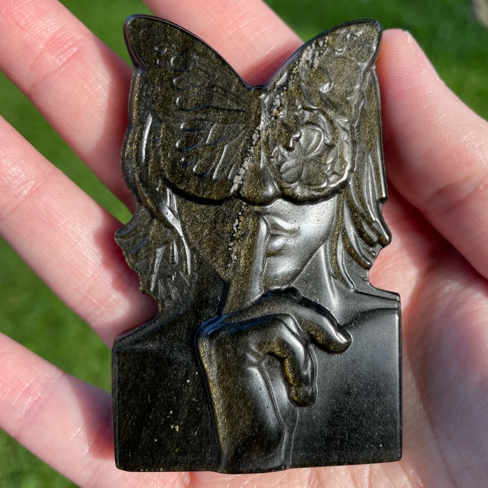 Gold sheen obsidian carved butterfly girl
